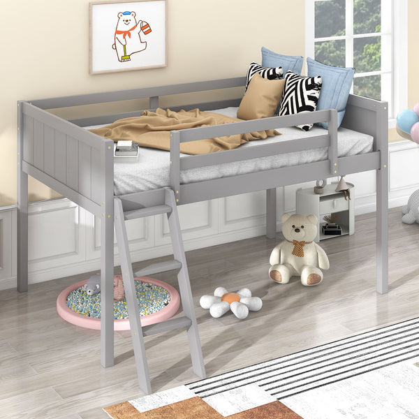 Twin Size Wood Low Loft Bed With Ladder, Ladder Can Be Placed On The Left Or Right, Gray