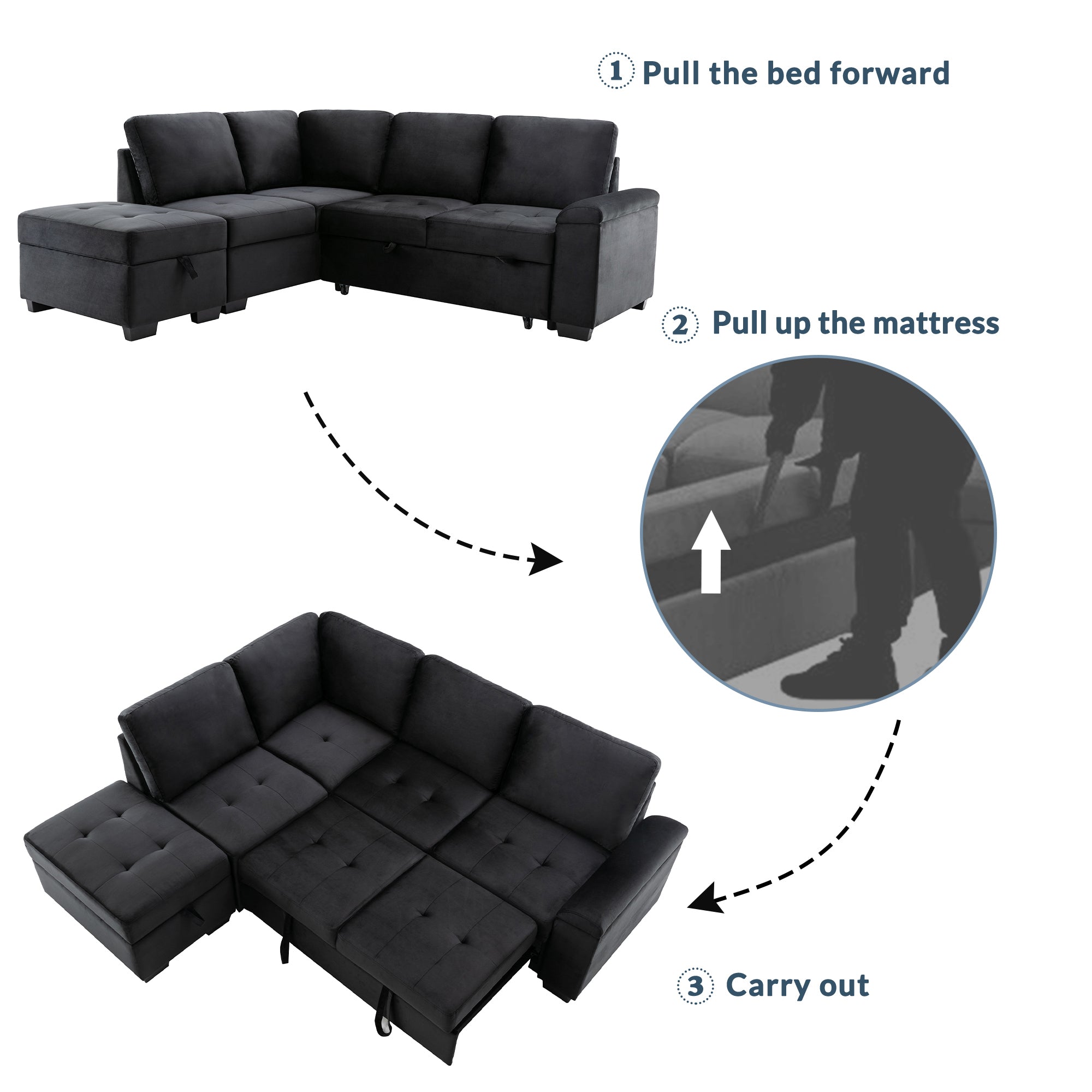 Orisfur. 86" Sleeper Sectional Sofa, L-Shape Corner Couch Sofa-Bed with Storage Ottoman &  Hidden Arm Storage for Living Room Apartment - Atlantic Fine Furniture Inc