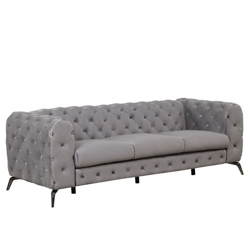 85.5" Velvet Upholstered Sofa With Sturdy Metal Legs, Modern Sofa Couch With Button Tufted Back, 3 Seater Sofa Couch For Living Room, Apartment, Home Office, Gray