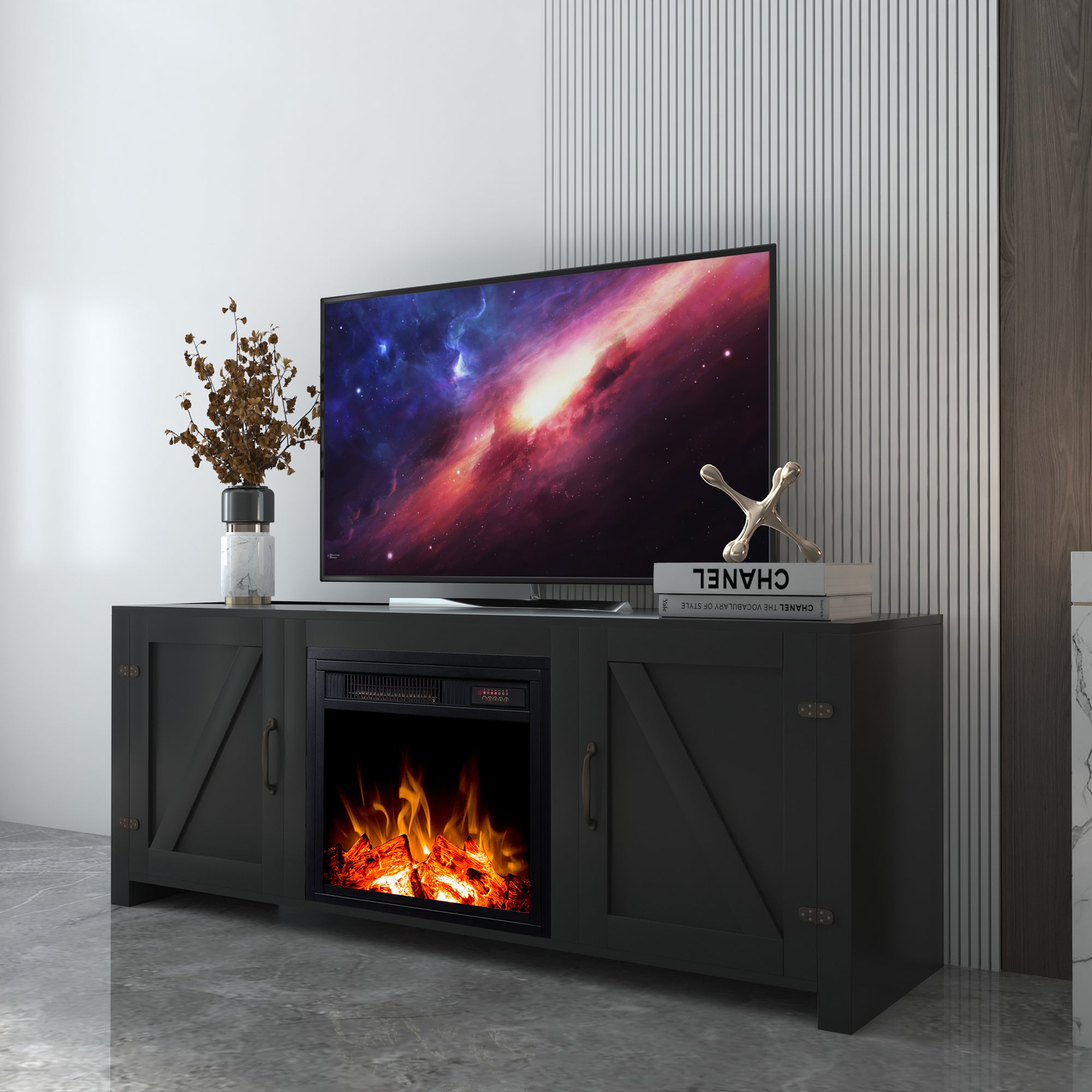 Farmhouse TV Stand, Fireplace TV Stand, Wood Entertainment Center Media Console with Storage,Black - Atlantic Fine Furniture Inc
