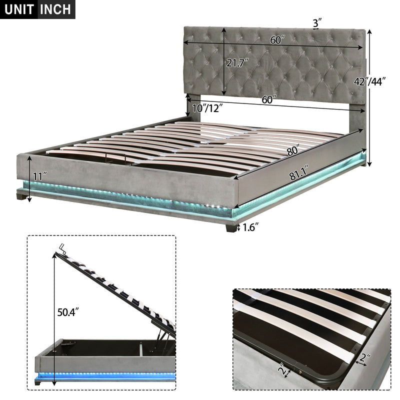 Queen Size Storage Upholstered Platform Bed With Adjustable Tufted Headboard And Led Light, Gray