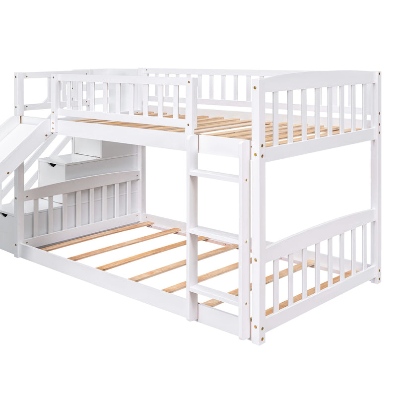 Stairway Twin Over Twin Bunk Bed With Two Drawers And Slide - White
