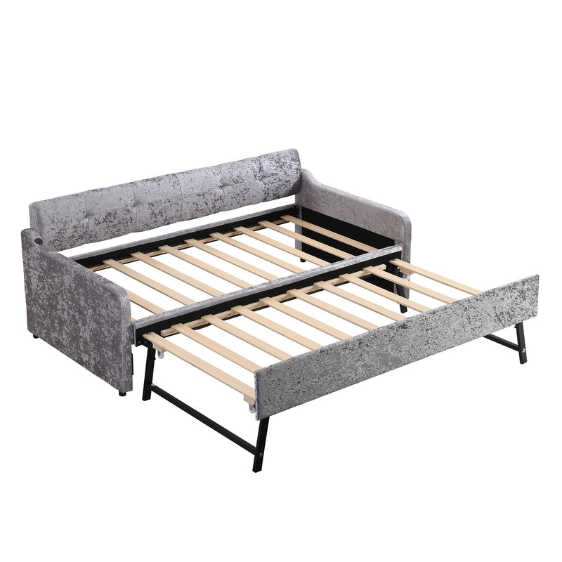 Twin Size Snowflake Velvet Daybed With Trundle And USB Charging Design, Gray
