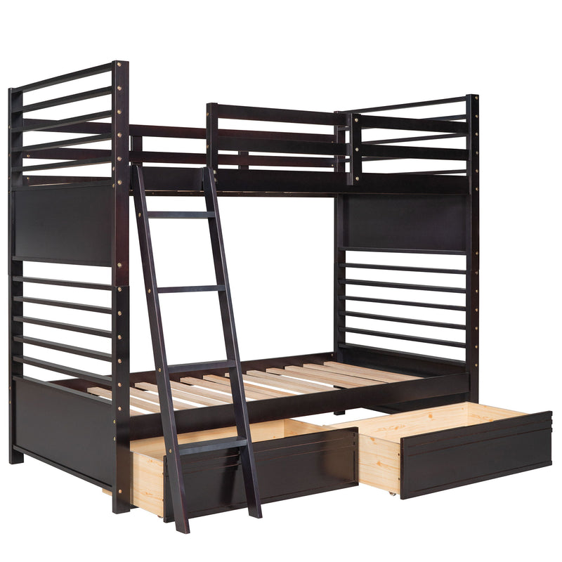 Twin Over Twin Wood Bunk Bed With Two Drawers - Espresso