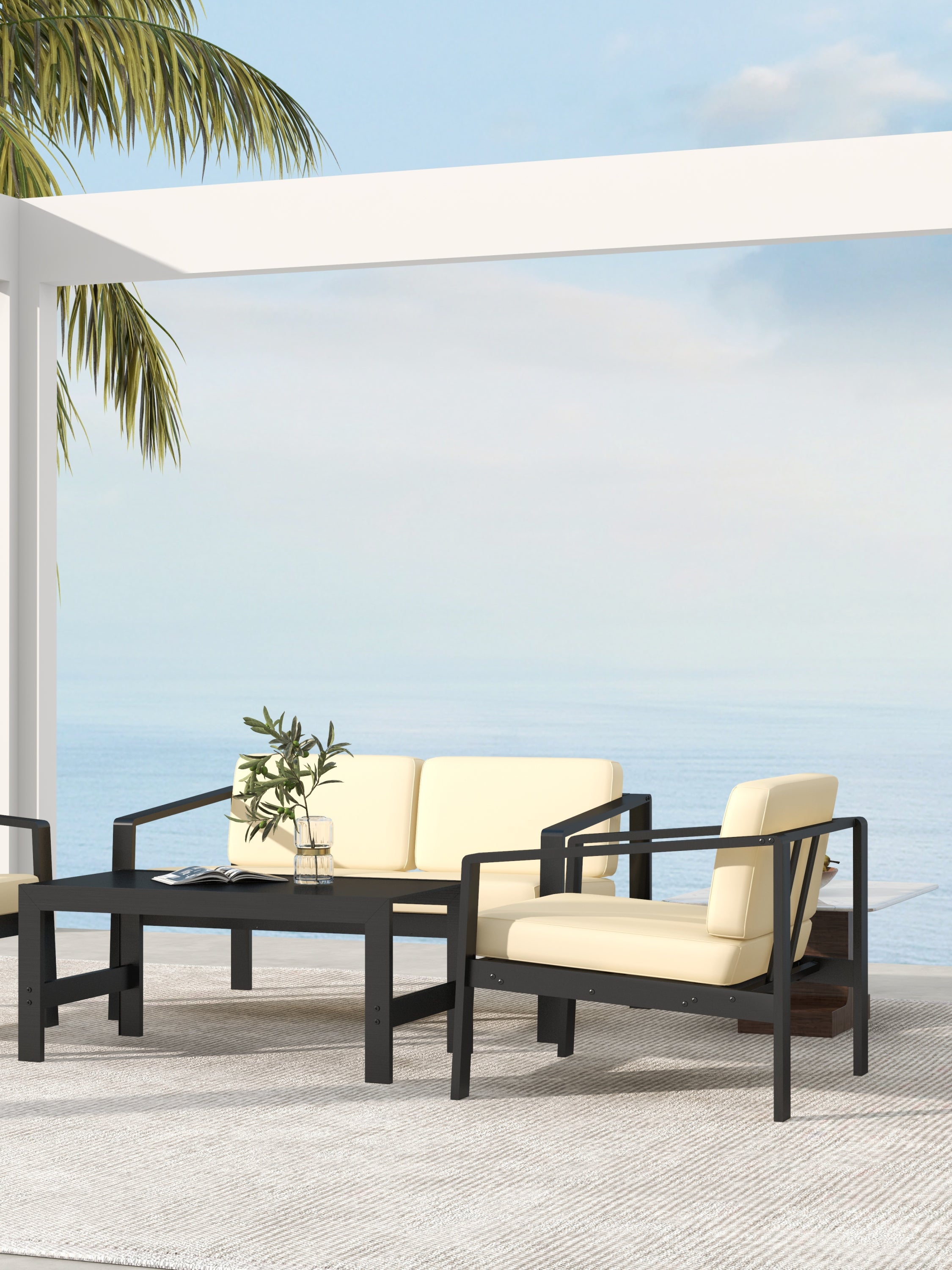 Outdoor Patio Furniture Single Armchair with Cushions in stripe for Restaurant Outdoor courtyard Garden Open-air balcony Poolside,Black aluminum fram,Modern Design - Atlantic Fine Furniture Inc