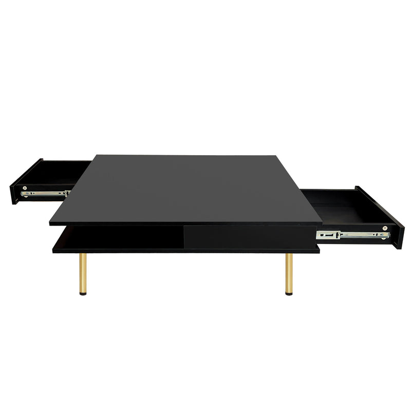 On Trend Exquisite High Gloss Coffee Table With 4 Golden Legs And 2 Small Drawers, 2-Tier Square Center Table For Living Room, Black