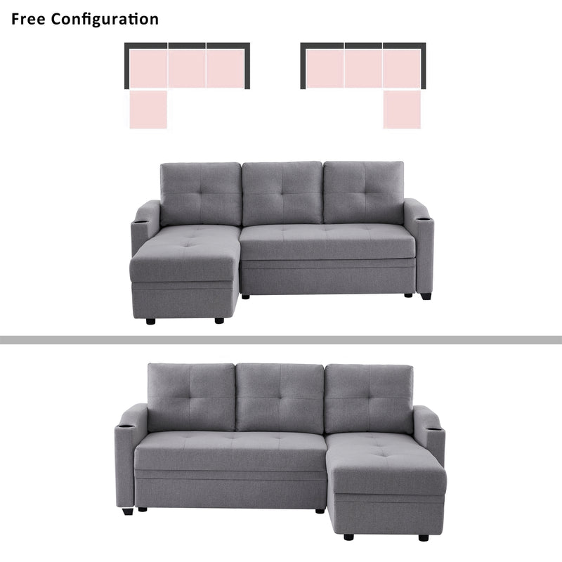 Orisfur. 81" Sleeper Sofa Bed Reversible Sectional Couch with Storage Chaise and Two Cup Holders for Living Room Furniture Set