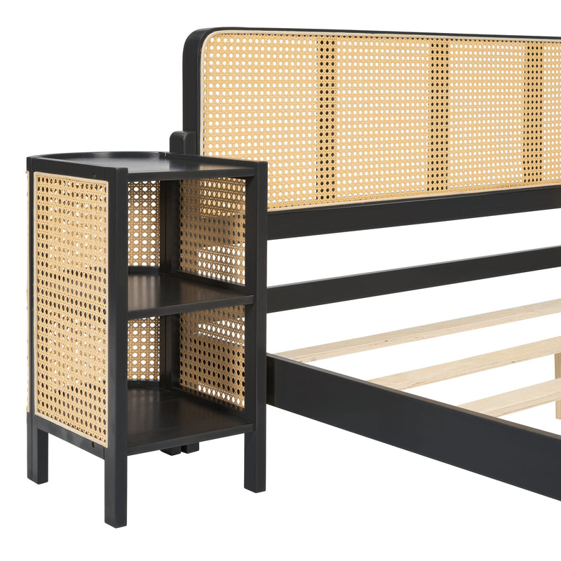 3 Pieces Rattan Platform Full Size Bed With 2 Nightstands, Espresso