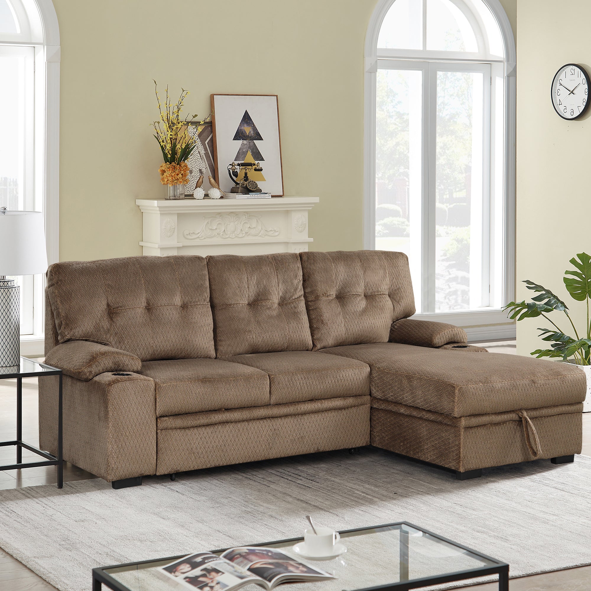 Orisfur. Modern Padded Upholstered  Sofa Bed Sleeper Sectional Sofa with Storage Chaise and Cup Holder for Living Room Furniture Set - Atlantic Fine Furniture Inc