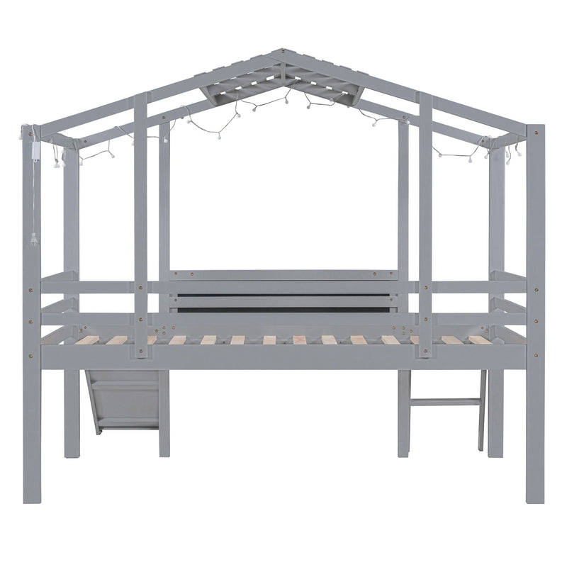 Twin Size Loft Bed With Ladder And Slide, House Bed With Blackboard And Light Strip On The Roof, Gray