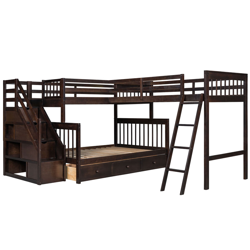Twin Over Full L-Shaped Bunk Bed With 3 Drawers, Ladder And Staircase - Espresso