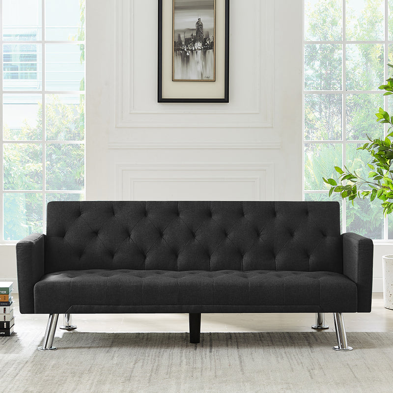 Modern Convertible Folding Futon Sofa Bed ,  Black Fabric Sleeper Sofa Couch for Compact Living Space.