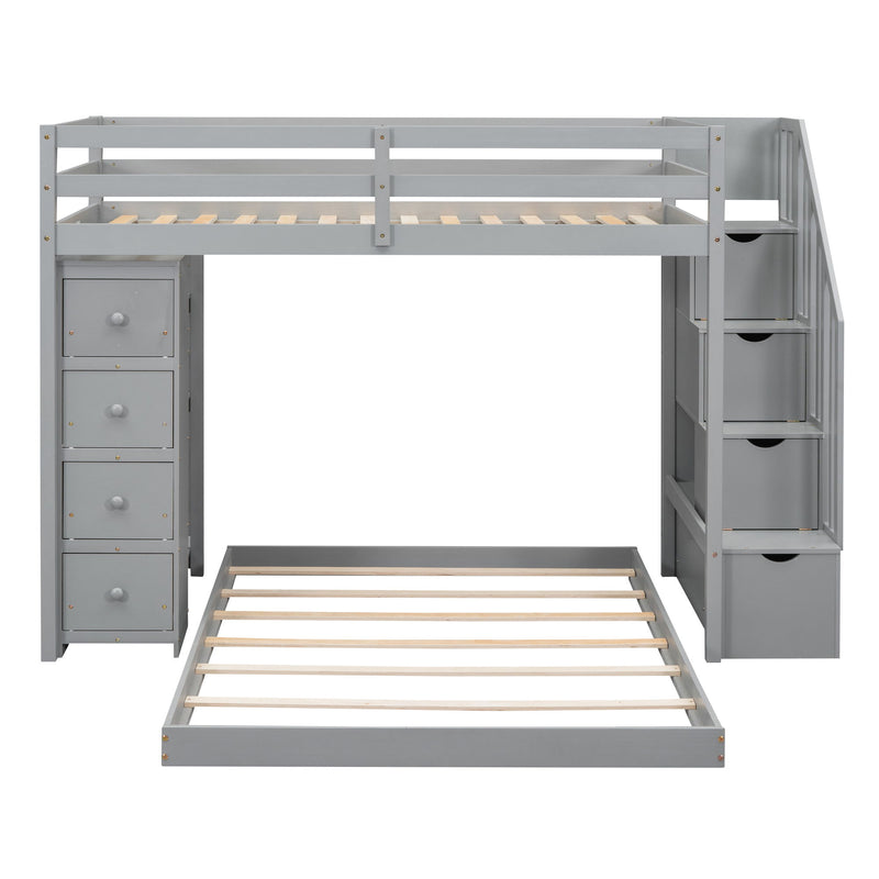 Twin Over Full Bunk Bed With 3-Layer Shelves, Drawers And Storage Stairs, Gray