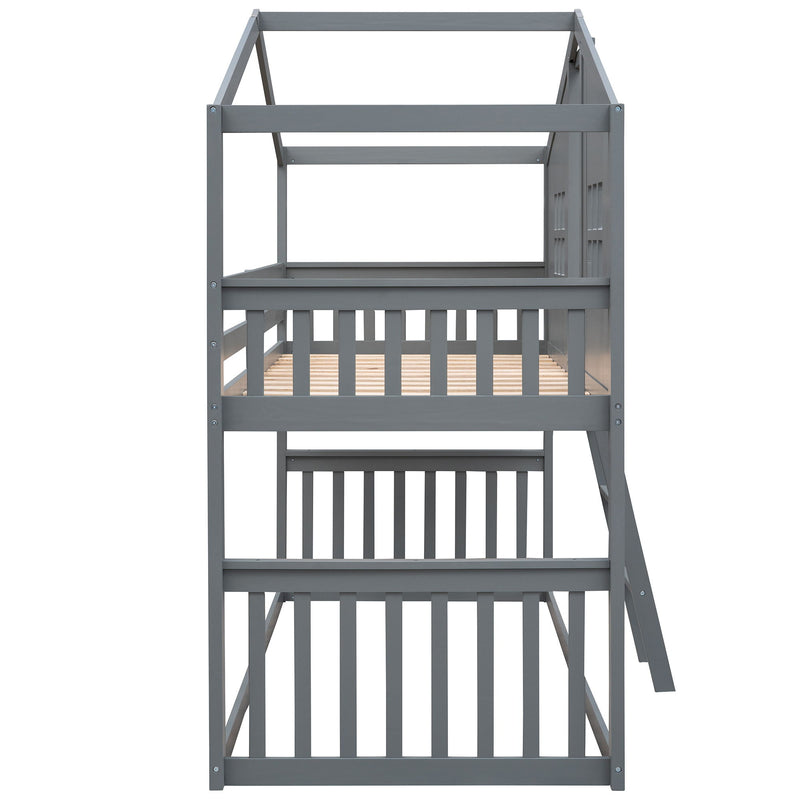 Twin Over Twin House Bunk Bed With Ladder, Wood Bed - Gray