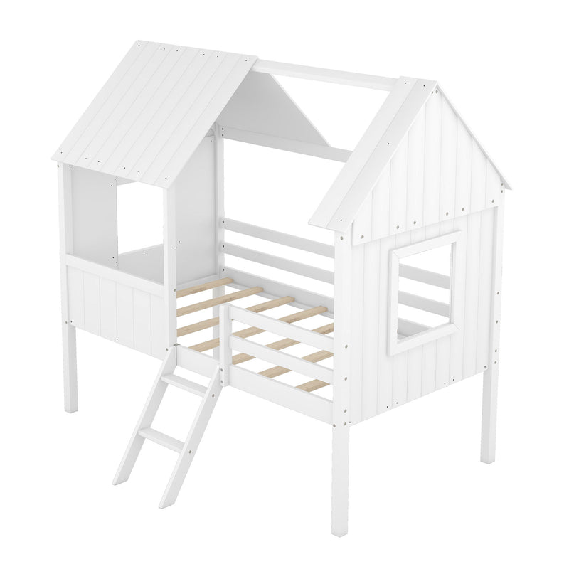 Twin Size Low Loft Wood House Bed With Two Side Windows (White)