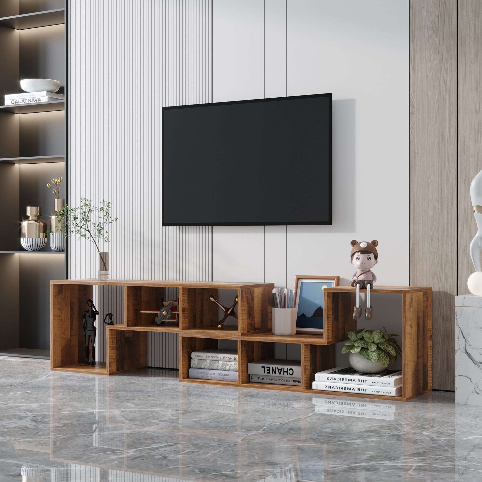 Double L-Shaped Oak TV Stand，Display Shelf ，Bookcase for Home Furniture,Fir Wood - Atlantic Fine Furniture Inc