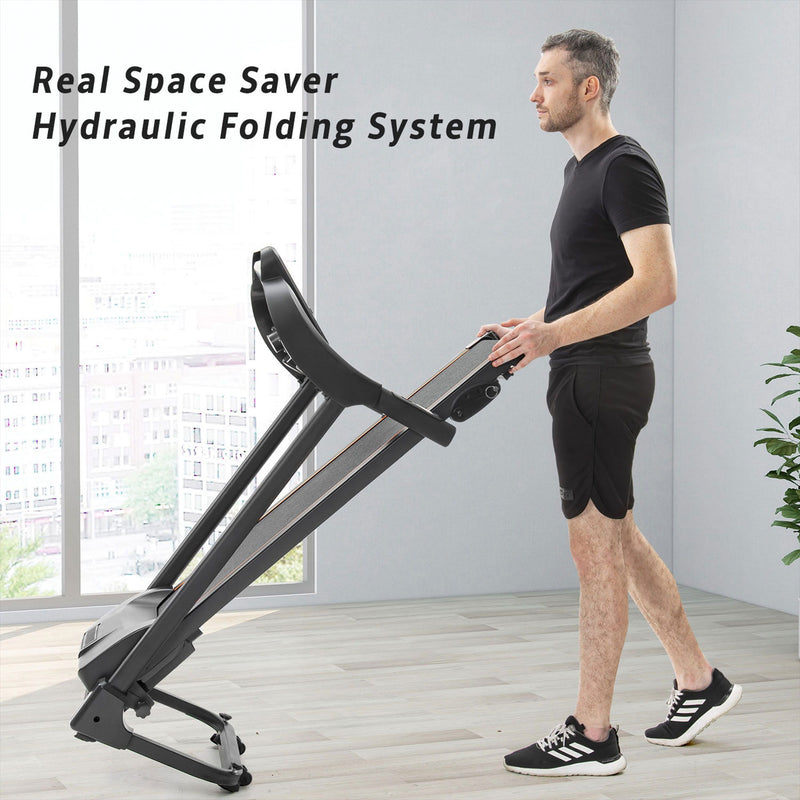 Compact Easy Folding Treadmill Motorized Running Jogging Machine With Audio Speakers And Incline Adjuster