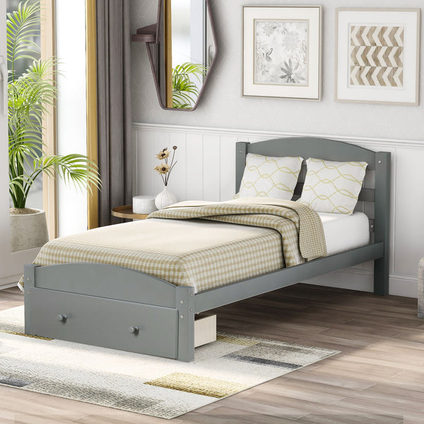 Platform Bed Frame With Storage Drawer And Wood Slat Support
