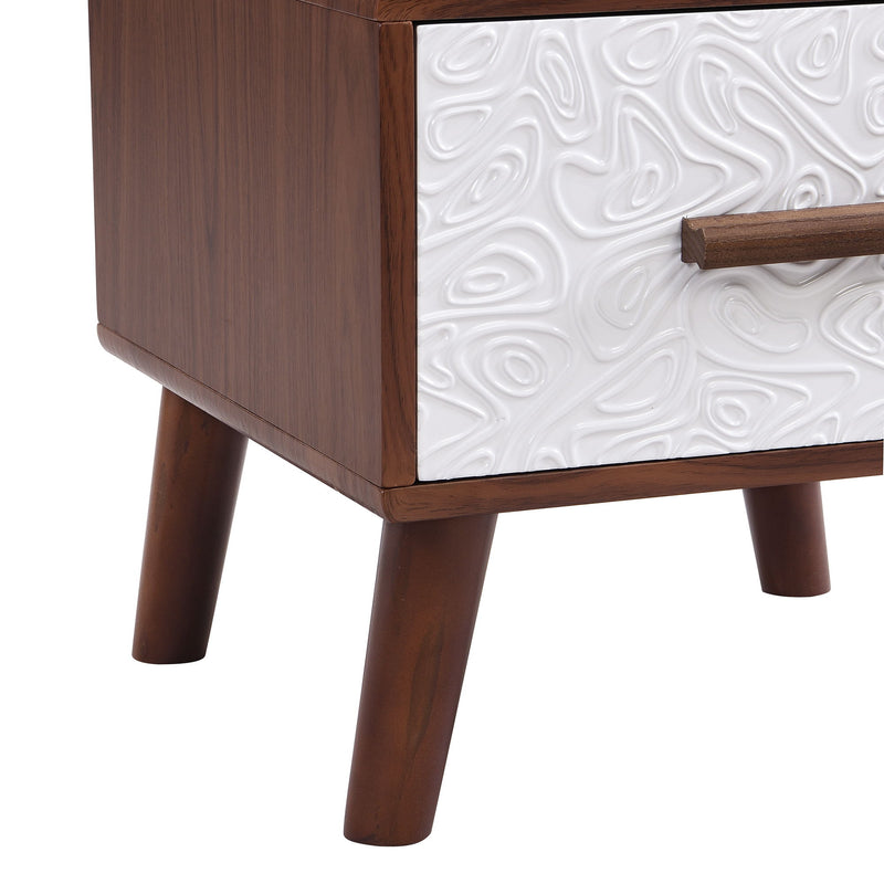 U-Can Square End Table With 1 Drawer Adorned With Embossed Patterns, Wood Legs And Handles For Living Room, Brown / White