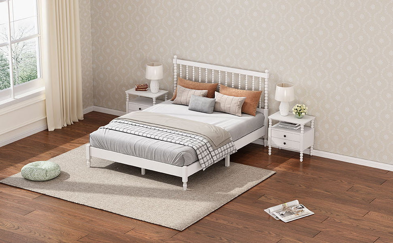 3 Pieces Bedroom Sets King Size Wood Platform Bed With Gourd Shaped Headboard, Antique White