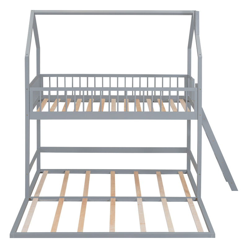Twin Over Twin-Twin House Bunk Bed With Extending Trundle And Ladder - Gray