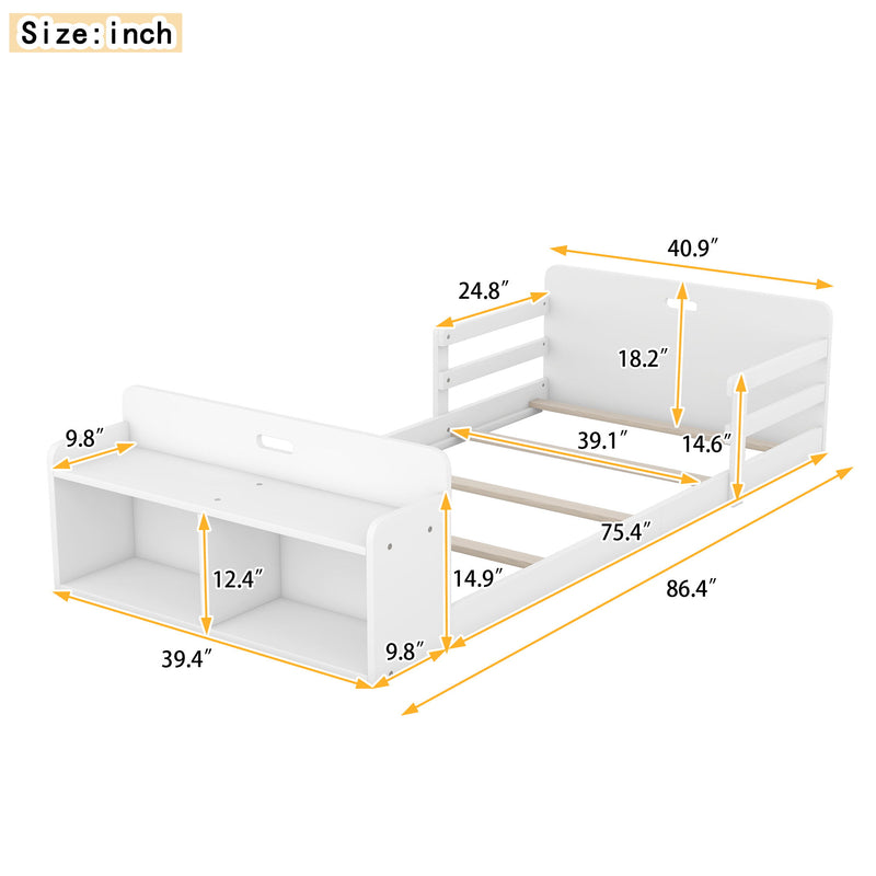 Twin Size Floor Bed With Storage Footboard And Guardrail, White