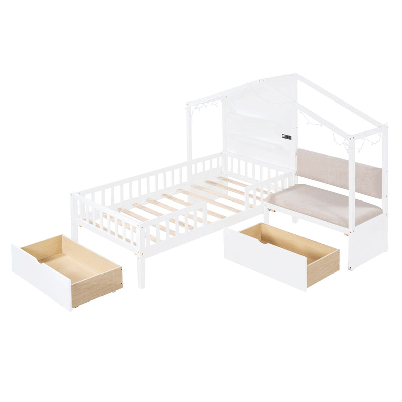 Twin Size House Bed With Upholstered Sofa, House Bed With Charging Station, Wireless Charging, Shelves And Two Drawers, White