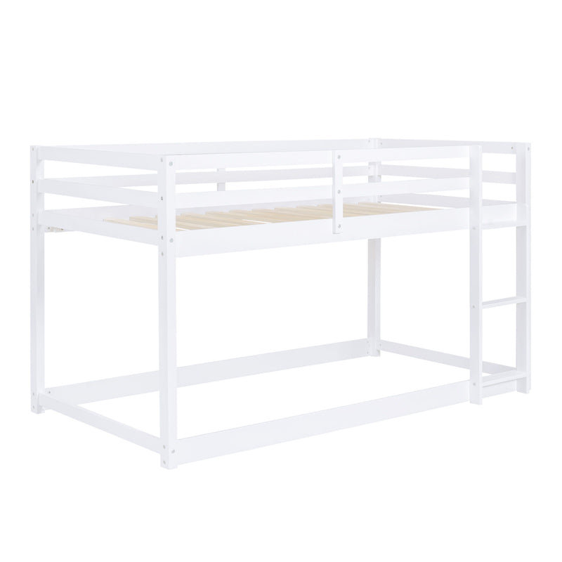 Twin Over Twin Floor Bunk Bed With Ladder - White