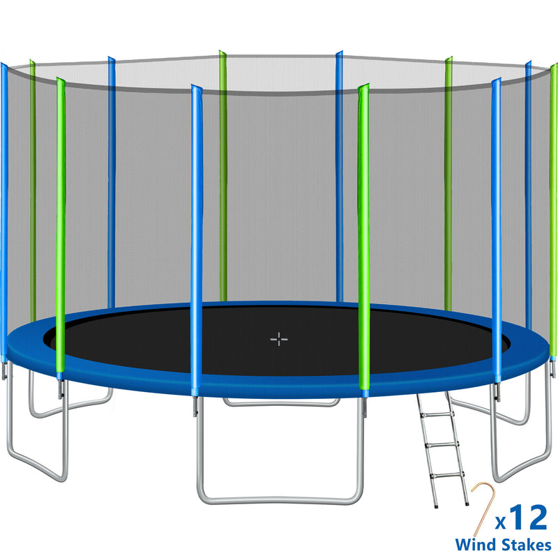 16FT Trampoline For Kids With Safety Enclosure Net - Ladder And 12 Wind Stakes - Round Outdoor Recreational Trampoline