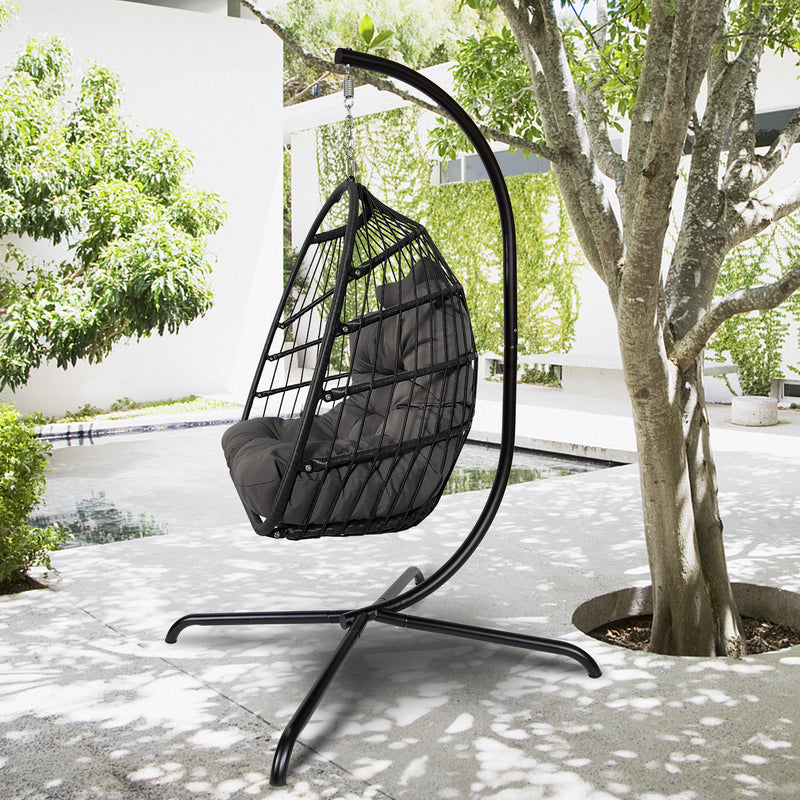 Swing Egg Chair with Stand Indoor Outdoor Wicker Rattan Patio Basket Hanging Chair with C Type bracket , with cushion and pillow,Patio Wicker folding Hanging Chair( Black New arrivals within 10 days) - Atlantic Fine Furniture Inc