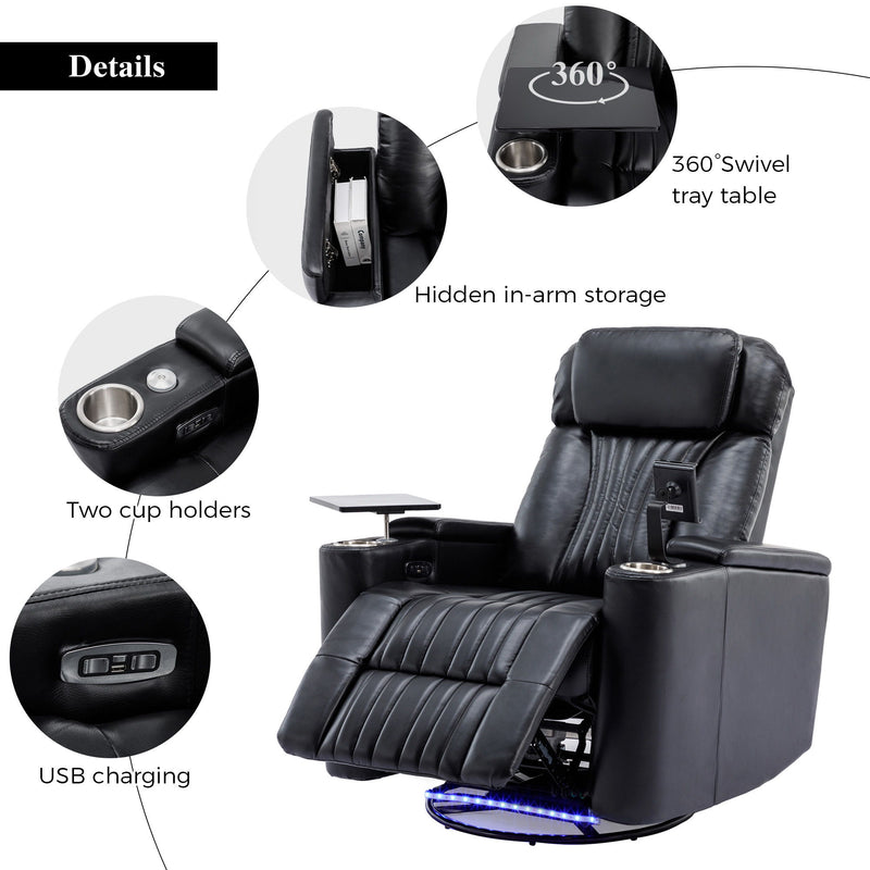 270° Power Swivel Recliner, Home Theater Seating With Hidden Arm Storage And Led Light Strip, Cup Holder, 360° Swivel Tray Table, And Cell Phone Holder, Soft Living Room Chair, Black