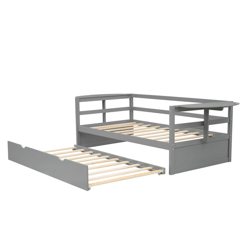 Twin Size Daybed With Trundle And Foldable Shelves On Both Sides, Gray