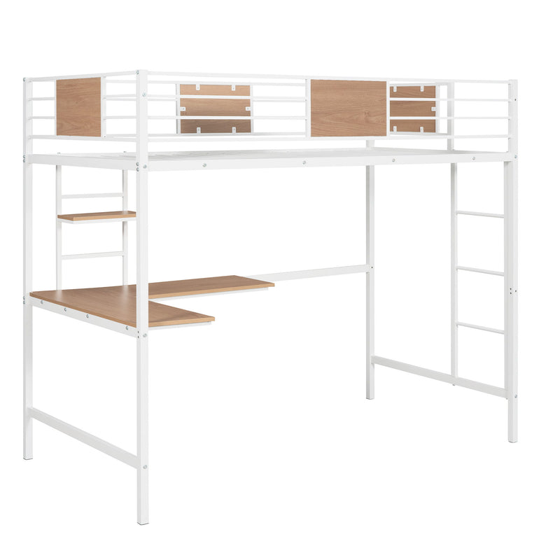 Twin Metal Loft Bed With Desk And Shelve - White
