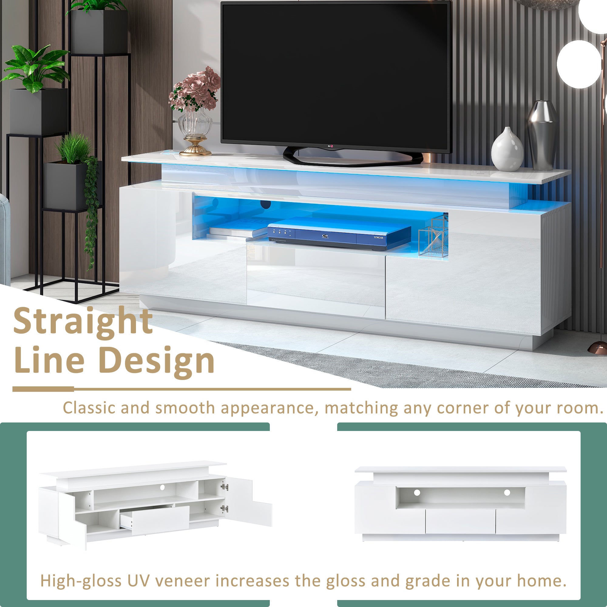 ON-TREND Modern, Stylish Functional TV stand with Color Changing LED Lights, Universal Entertainment Center, High Gloss TV Cabinet for 75+ inch TV, White - Atlantic Fine Furniture Inc