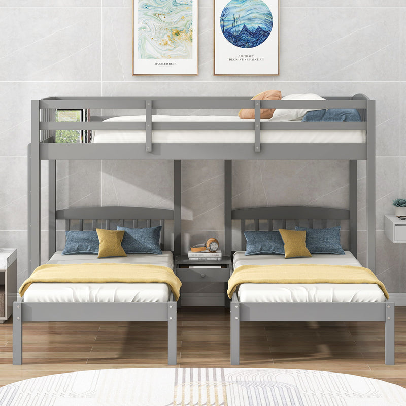 Twin Over Twin & Twin Bunk Bed With Built-In Middle Drawer, Gray