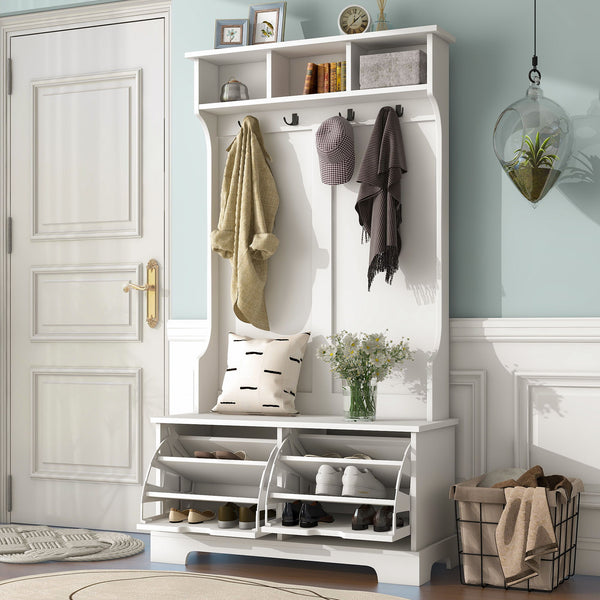 On-Trend All In One Hall Tree With 3 Top Shelves And 2 Flip Shoe Storage Drawers, Wood Hallway Organizer With Storage Bench And Metal Hanging Hooks, White