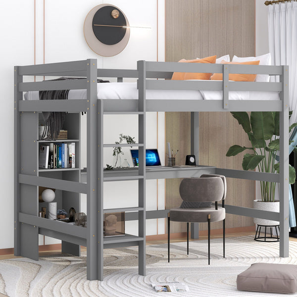 Full Size Loft Bed With Multifunction Shelves And Under - Bed Desk, Gray