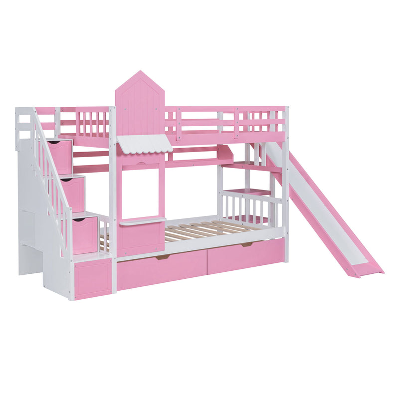 Twin-Over-Twin Castle Style Bunk Bed, With 2 Drawers 3 Shelves And Slide - Pink