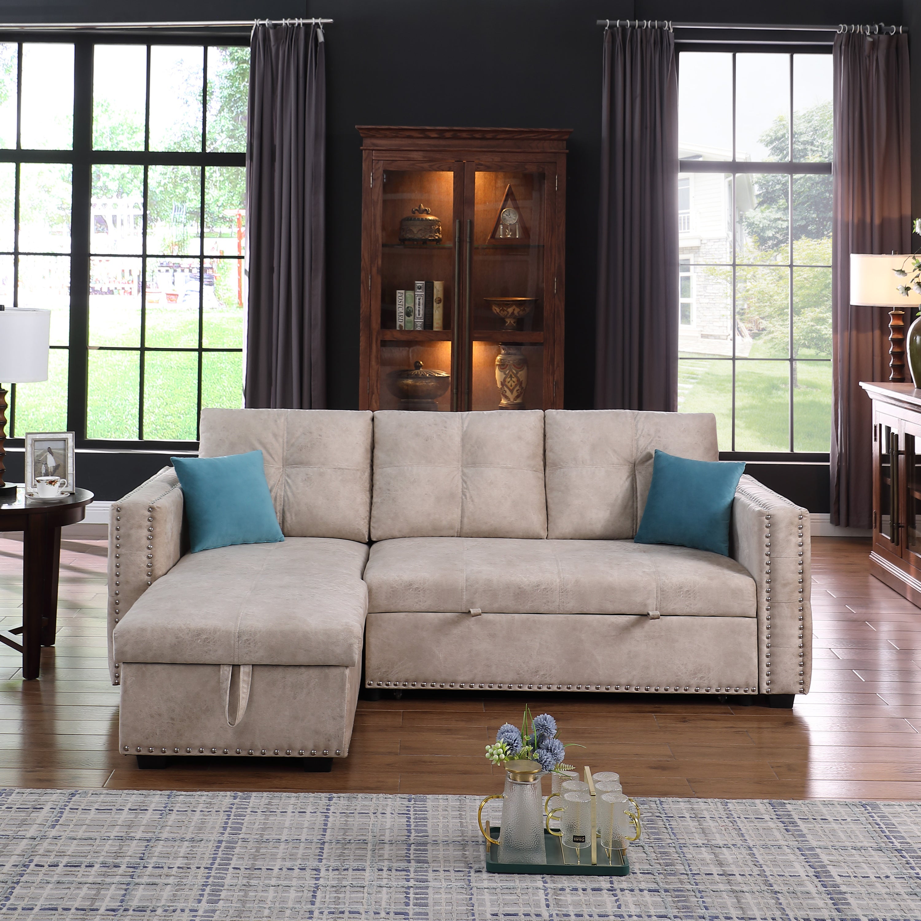 Reversible Sleeper Sectional Storage Sofa Bed,Corner Sofa-Bed With Storage,3 Seat Both Left Handed And Right Handed, Nailheaded - Atlantic Fine Furniture Inc