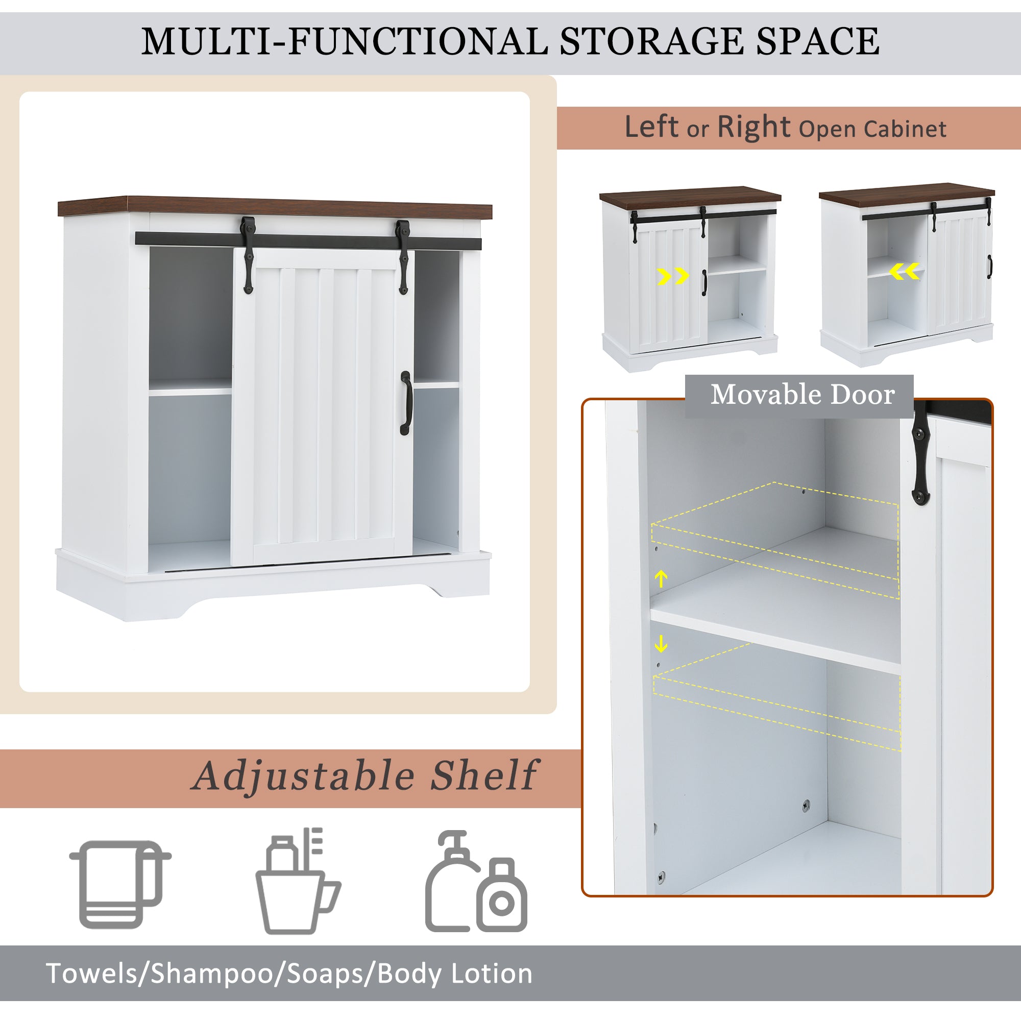 Bathroom Storage Cabinet, Freestanding Accent Cabinet, Sliding Barn Door, Thick Top, Adjustable Shelf, White and Brown - Atlantic Fine Furniture Inc