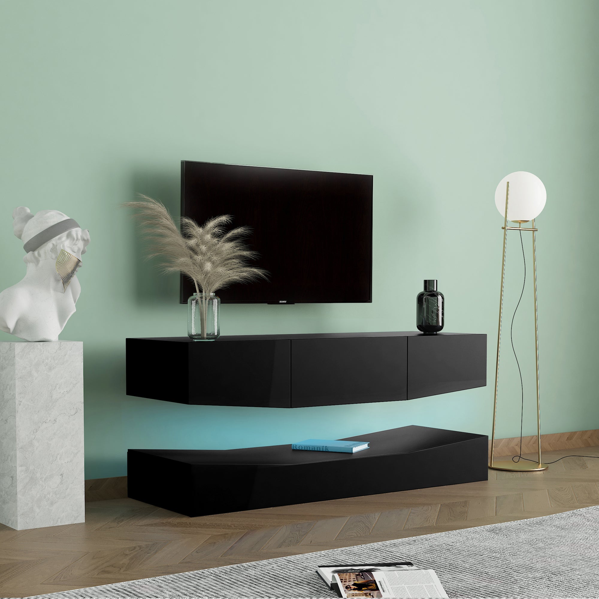 LED TV Stand for 55 inch TV, Modern Entertainment Center with LED Lights, TV & Media Furniture Console for Under TV Living Game Room Bedroom,Black - Atlantic Fine Furniture Inc
