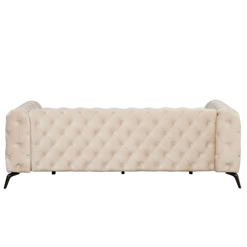 85.5" Velvet Upholstered Sofa With Sturdy Metal Legs, Modern Sofa Couch With Button Tufted Back, 3 Seater Sofa Couch For Living Room, Apartment, Home Office, Beige