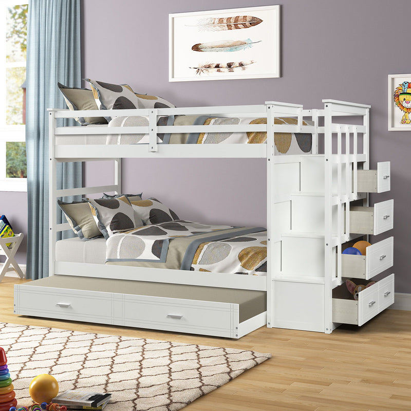 Solid Wood Bunk Bed, Hardwood Twin Over Twin Bunk Bed With Trundle And Staircase, Natural White Finish