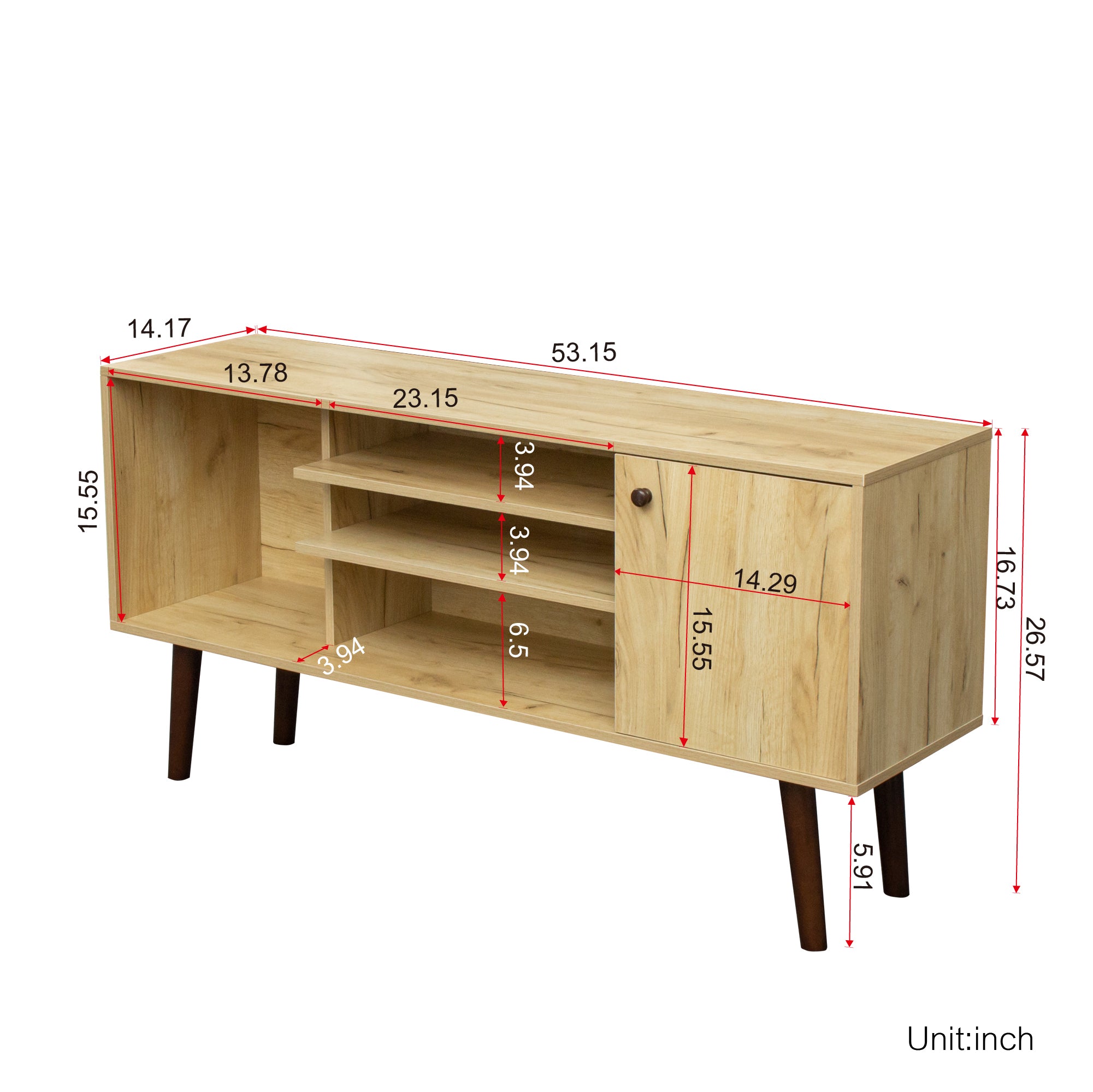 Mid-Century TV Stand for TVs up to 60 Inches, Entertainment Center with Open Storage Shelves & Cabinet, Modern TV Console for Living Room, Rustic Oak. - Atlantic Fine Furniture Inc