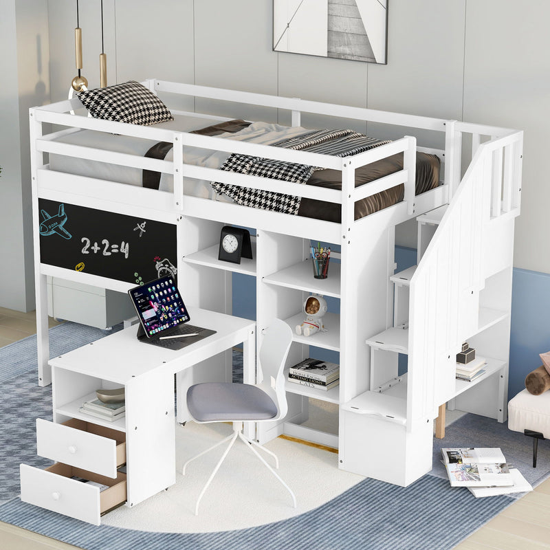 Twin Size Loft Bed With Pullable Desk And Storage Shelves, Staircase And Blackboard, White