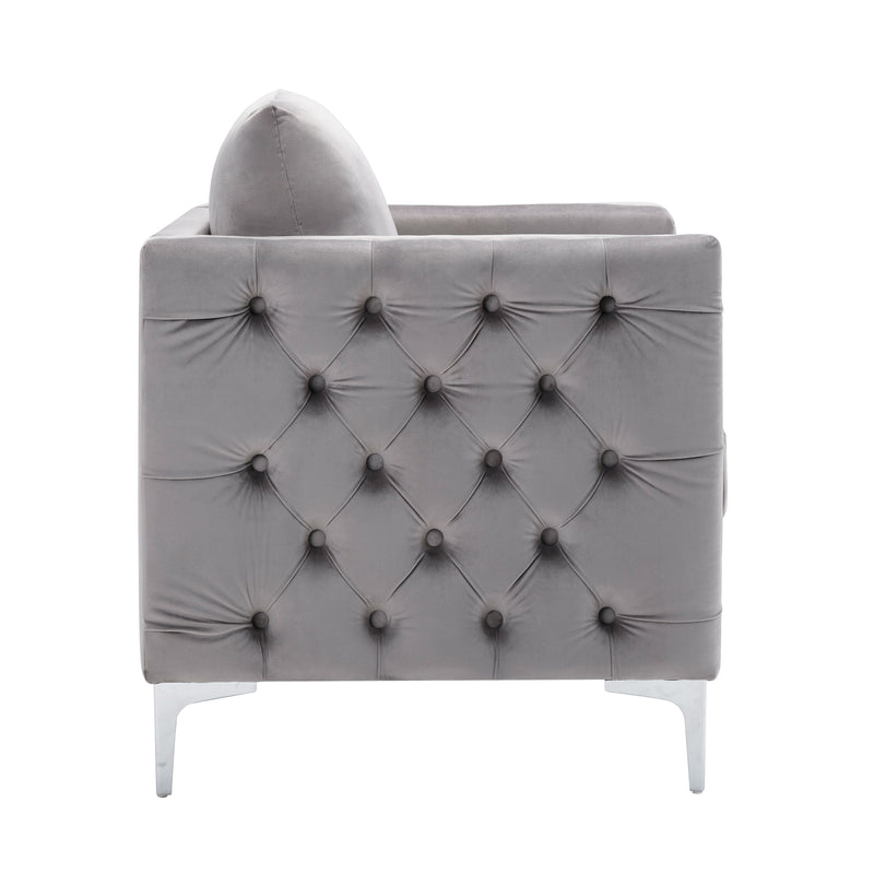 Modern Velvet Armchair Tufted Button Accent Chair Club Chair With Steel Legs For Living Room Bedroom, Gray