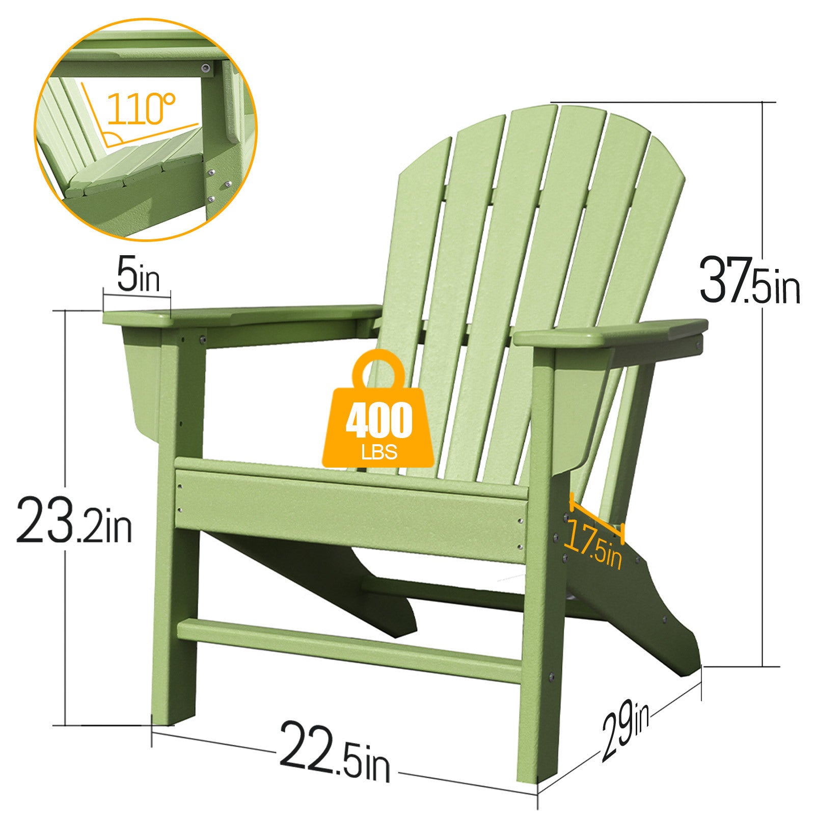 HDPE Adirondack Chair Sunlight Resistant No-Fading Snowstorm Resistant Outdoor Chair Patio Chairs-Ergonomic Comfort, Like Real Wood, Widely Used for Fire Pits, Decks, Gardens - Apple Green - Atlantic Fine Furniture Inc