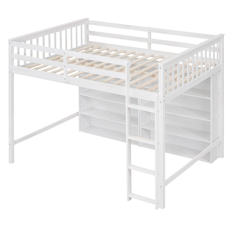 Full Size Loft Bed With 8 Open Storage Shelves And Built-In Ladder, White