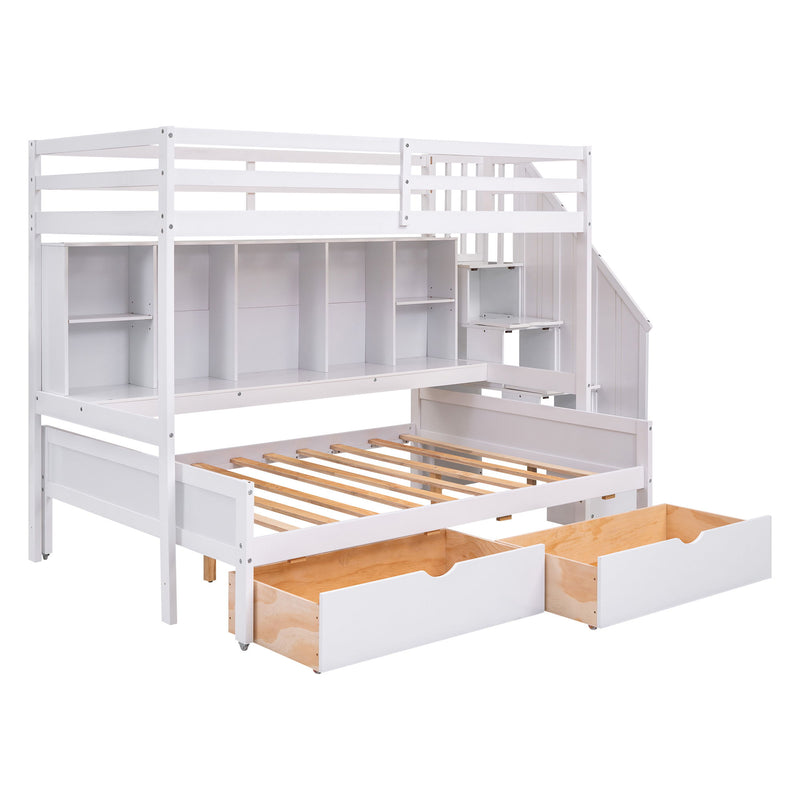 Twin Long Over Full Bunk Bed With Built-In Storage Shelves, Drawers And Staircase, White