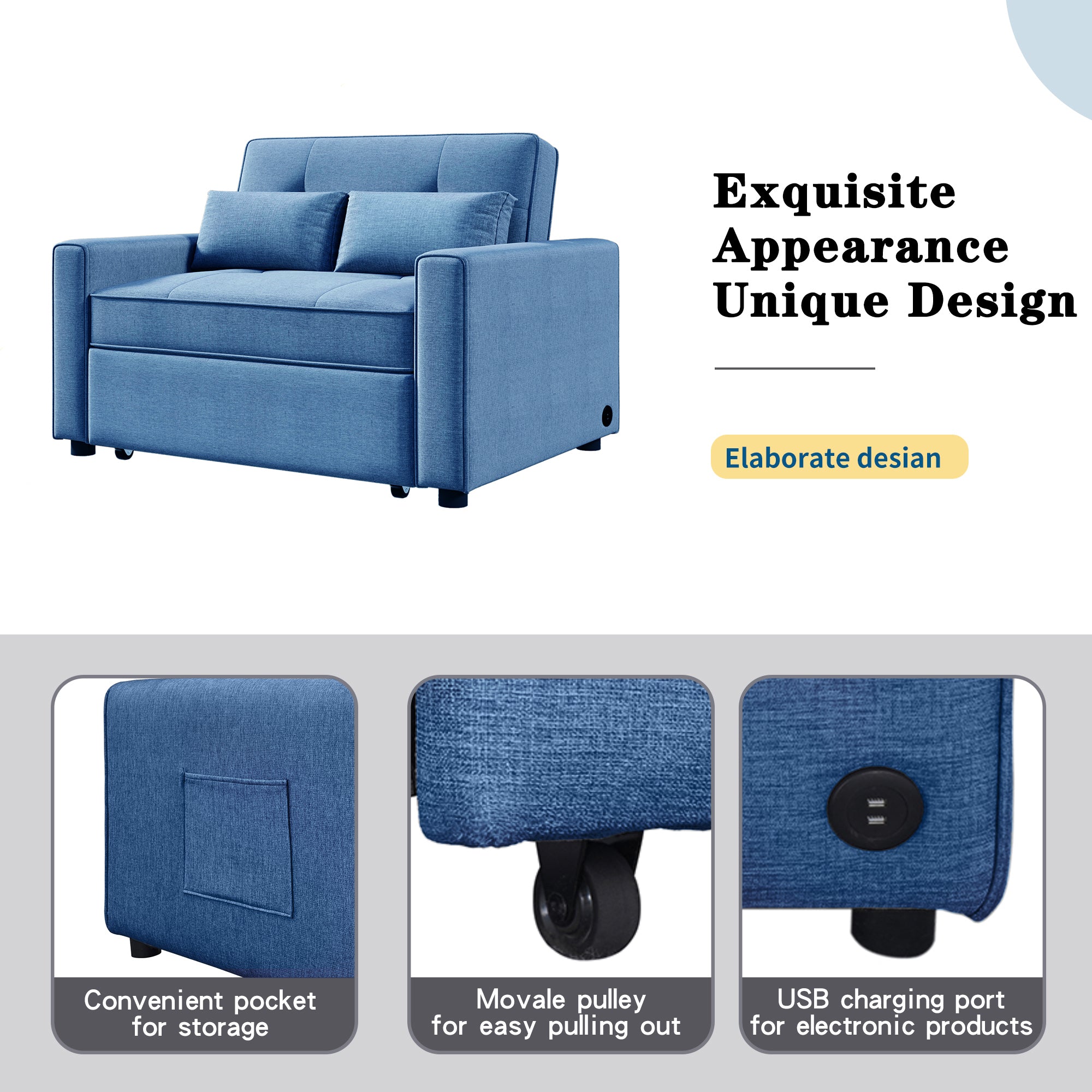 Orisfur. 48" Convertible Sleeper Sofa Bed, Multi-Functional Adjustable Single Bed Chair  with USB Port and 2 Pillows for Small Space - Atlantic Fine Furniture Inc